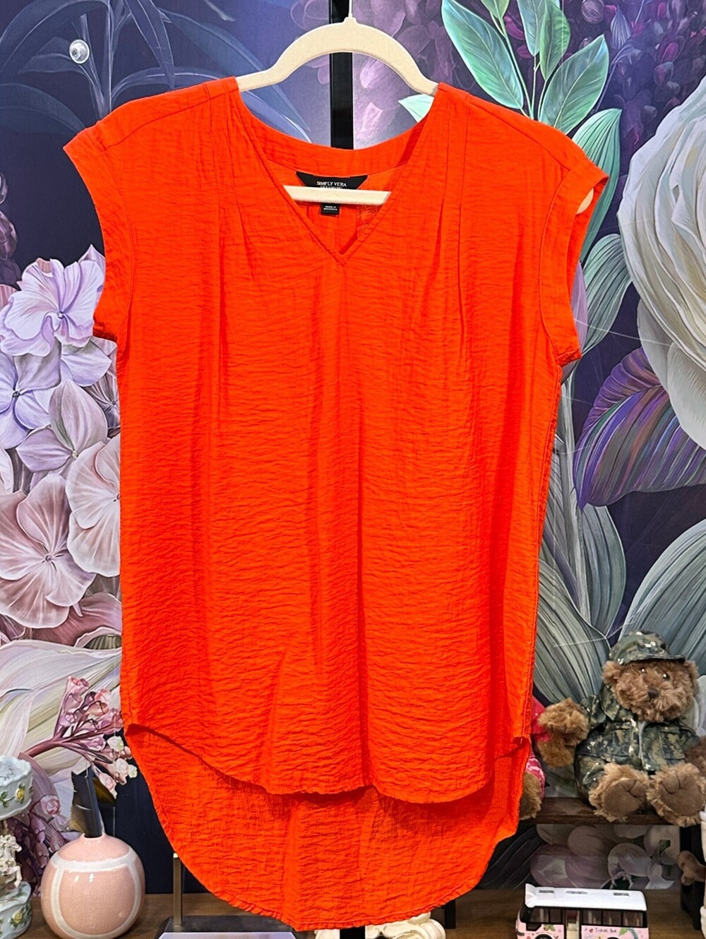 Simply Vera Vera Wang XS Orange Draped Front Cap Sleeve V-Neck Tunic Top